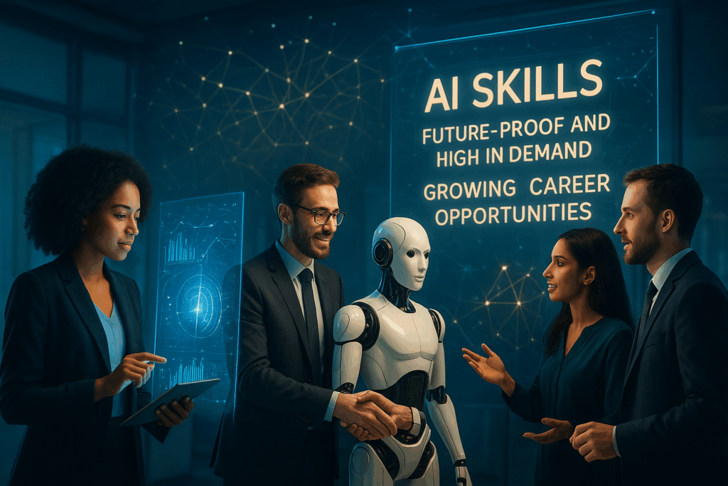 Business professionals interacting with a humanoid robot, highlighting AI skills, future-proof careers, and growing opportunities in Artificial Intelligence education.