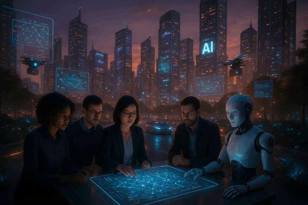 A hyper-realistic 4K futuristic city at dusk with neon-lit skyscrapers, holographic displays, autonomous drones, self-driving cars, and diverse professionals collaborating with humanoid robots around a glowing touchscreen table displaying AI models.