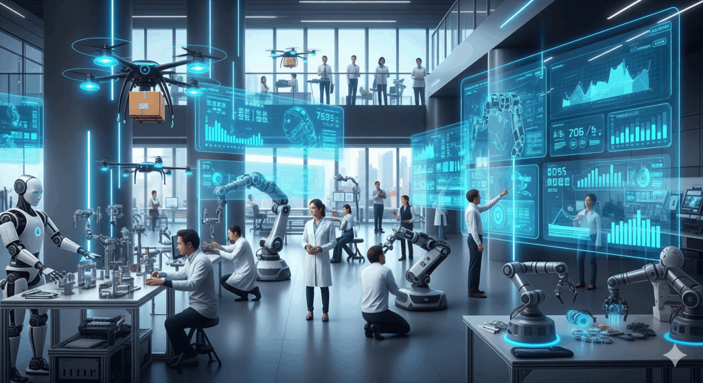 A wide-angle landscape view of a futuristic robotics innovation hub. The scene is filled with engineers and scientists collaborating with a variety of cutting-edge technologies, including advanced humanoid robots, collaborative cobots, and autonomous drones. Glowing holographic displays showing complex data and trends are integrated into the high-tech environment. The overall atmosphere is dynamic and emphasizes human-robot collaboration.
