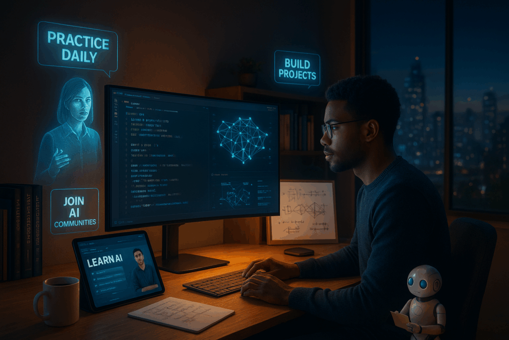 A hyper-realistic 4K home office scene illustrating How to Learn AI in 2025, showing a young man studying with a curved monitor displaying Python and TensorFlow code, an online AI course on a tablet, a holographic tutor, AR tips like “Practice Daily” and “Build Projects,” a smart whiteboard with equations, and a small robot assistant, with a futuristic cityscape visible through the window.