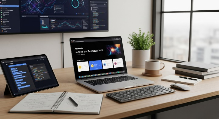 A hyper-realistic 4K Ultra HD photograph of a modern home office in 2025, featuring a sleek laptop displaying an AI learning platform with course modules, a tablet showing an AI coding tutorial, a notebook with neural network notes, a coffee mug, and a potted plant on a tidy desk. A large monitor in the background shows an AI development tool dashboard with charts and code. Natural light floods through a window, revealing a subtle cityscape, with crisp, authentic details and textures.