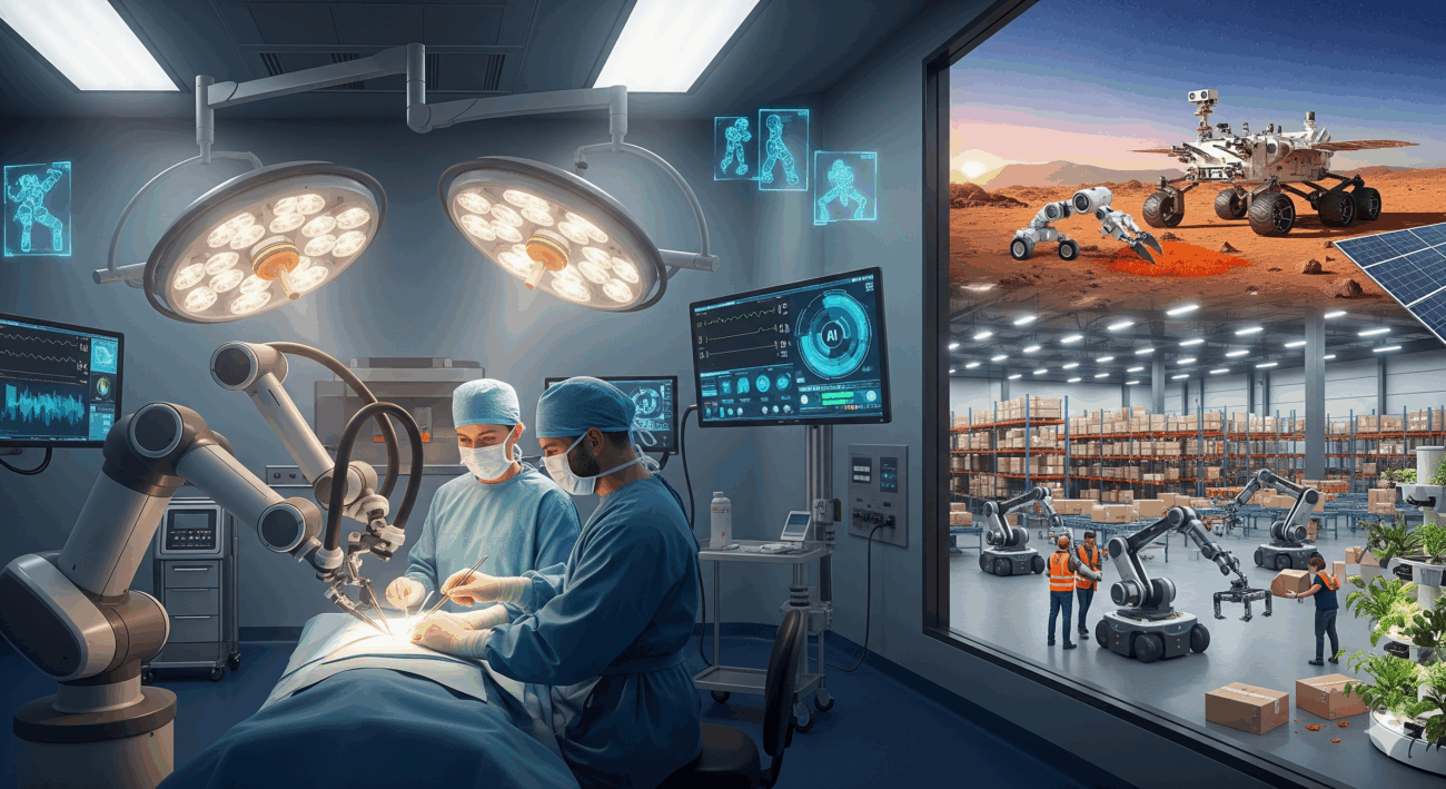 A photorealistic 4K ultra HD scene showcasing advanced robotics in surgery, logistics, and space exploration, with a cobot assisting a surgeon, autonomous robots in a warehouse, and a Mars rover analyzing soil, all seamlessly integrated with human collaboration and digital twin technology.