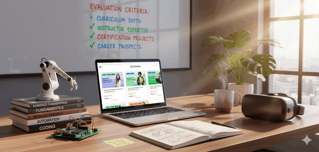 A vibrant, ultra-realistic photograph of a modern robotics and AI study desk. A laptop displays a colorful course selection interface with visuals of a robotic arm and drone. The desk is filled with robotics textbooks, an Arduino board, a VR headset, and a notepad with handwritten notes. A whiteboard in the background lists course selection criteria such as "Curriculum Depth" and "Hands-On Experience." The scene is brightly lit by natural sunlight, highlighting a dynamic and engaging learning environment.