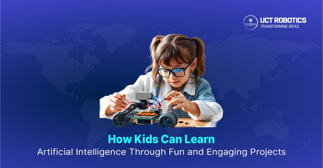 Children programming a robot using a tablet in a classroom