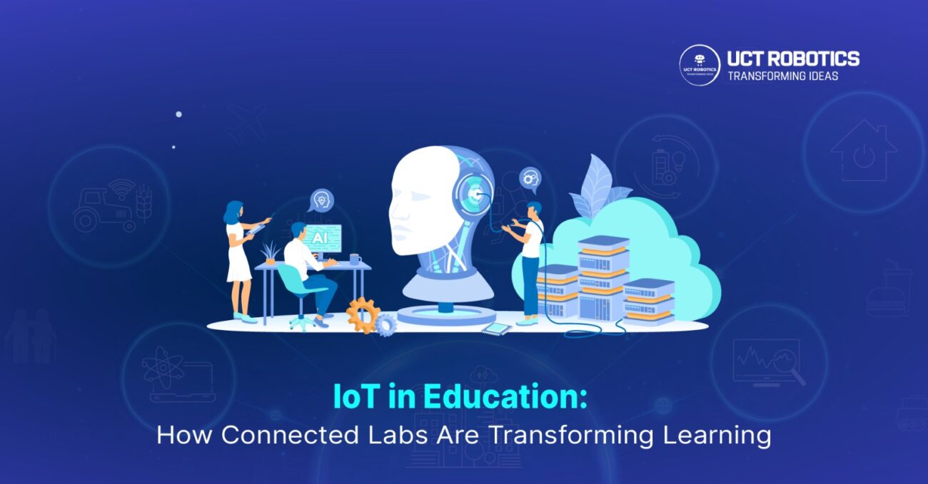 Students and teachers working with IoT devices, AI, and cloud technology in a smart education lab environment.