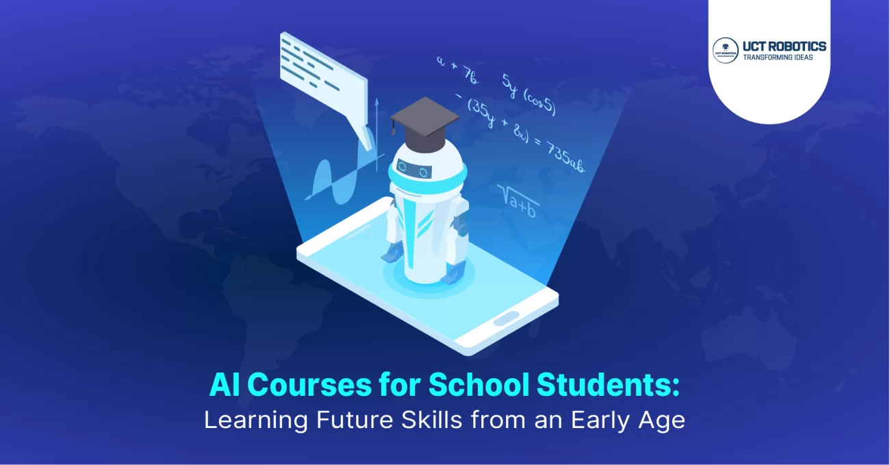 Students learning AI in a classroom with interactive coding and robotics kits